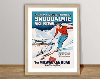 Ride to Snow Train to Snoqualmie Ski Bowl  Vintage Ski  Poster - Retro Ski Poster / Gift Idea / Wall Decor