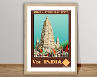 Vintage India Travel Poster: Budh Gaya Temple, Indian Railways