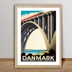 Danmark, Lillebeltsbroen Mellem Jylland Vintage Travel Poster - Poster Paper or Canvas Print / Gift Idea / Wall Decor