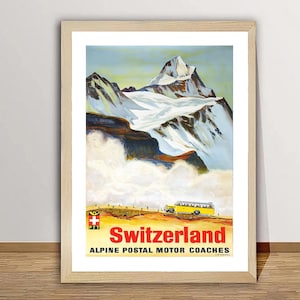 Manifesto di viaggio d'epoca delle autopostali alpine svizzere - Stampa su carta o tela / Idea regalo