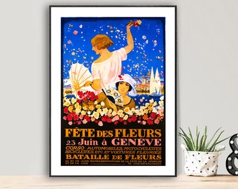 Fete des Fleurs Geneve Vintage Travel Poster - Poster Paper or Canvas Print / Gift Idea / Wall Decor