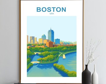 Boston, Massachuttes Travel Poster: United States City Skyline Art Print