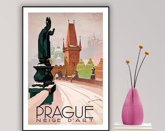Impresión de póster de viaje vintage de invierno en Praga