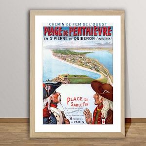 Plage de Penthievre en St. Pierre en Quiberon (Morhiban) Cartaz de viagem vintage - papel de pôster ou impressão em tela / ideia de presente