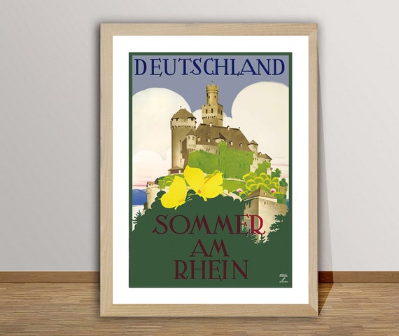 Deutschland Sommer am Rhein Vintage Travel Poster