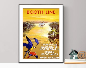 Booth Line to Portugal, Madeira, North Brazil Cruises Vintage Travel Poster - Poster Paper or Canvas Print / Gift Idea