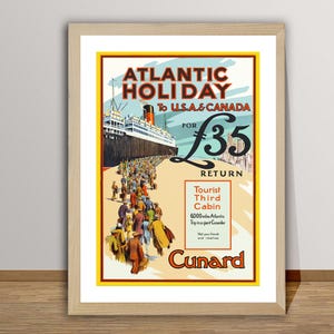 Atlantic Holiday to USA, Canada, Cunard  Vintage Travel Poster - Retro Cunard Poster / Gift Idea / Wall Decor