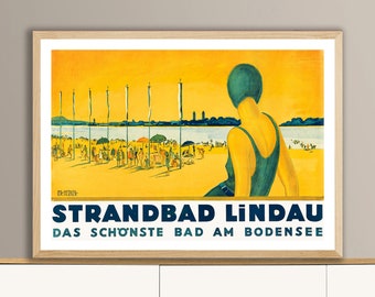 Cartel de viaje vintage de Strandbad Lindau, Alemania - Reiseplakat, Therme Lindau