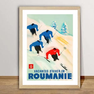 Vacances d&#39;Hiver en Roumanie Vintage Travel Poster - Roumanie Winter Sports Art / Gift Idea / Wall Decor