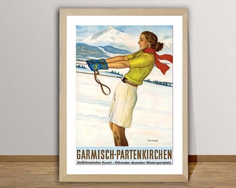 Garmisch Parkenkirchen, Germany  Vintage Travel Poster - Ski Sport Poster / Gift Idea / Wall Decor