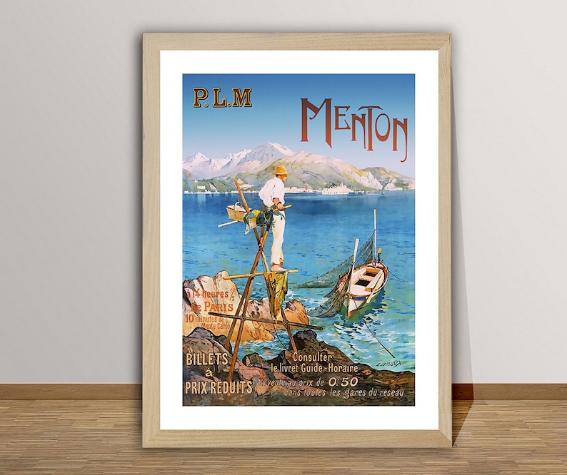 May include: A vintage travel poster advertising a trip to Menton, France. The poster features a man standing on a wooden platform in the water, with a boat and a net in the background. The text on the poster reads "P.L.M Menton" and "Billets a Prix Reduits".