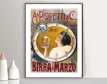 May include: A framed vintage-style poster featuring the text A. PORETTI & CO. VARESE and BIRRA di MARZO. The illustration depicts a person with dark hair holding a glass of beer within a circular yellow mosaic frame, accented by a small crest.