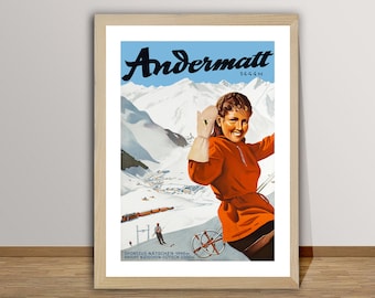 Andermatt Switzerland Vintage Ski Poster - Andermatt Ski Poster, Travel Andermatt Print, Wall Decor, Gift Idea