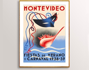 Cartel de viaje vintage del Carnaval de Montevideo, 1938-39