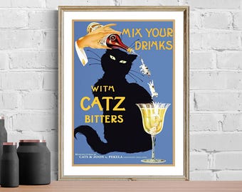 Vintage Catz Bitters Ad Print: Retro Cocktail Food&Drink Poster