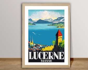 Pôster de viagem vintage de Lucerna, Suíça: impressão artística do Lago Lucerna