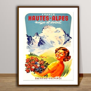Hautes Alpes France Neige et Soleil, Dauphine Provence  Vintage Travel Poster - Winter Sports, Hautes Alpes Poster, Wall Art, Gift Idea