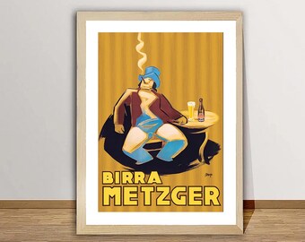 May include: Vintage art print featuring a stylized illustration of a person smoking a pipe, seated at a table with a beer. The artwork has a yellow background with the words "BIRRA METZGER" in bold yellow letters.