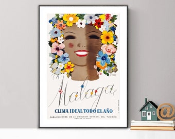 Malaga Clima Ideal Todo Elano  Vintage Travel Poster - Poster Paper or Canvas Print / Gift Idea / Wall Decor