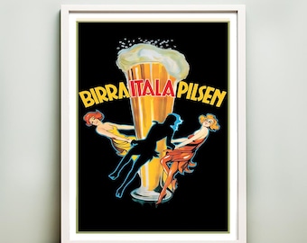 May include: Vintage poster print featuring a large beer glass with foam, the text "Birra Itala Pilsen" in yellow, and three stylized figures in motion. The background is black, and the print is framed in white.