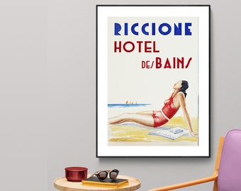 Riccione Italy Hotel des Bains Vintage Travel Poster  - Poster Paper or Canvas Print / Gift Idea