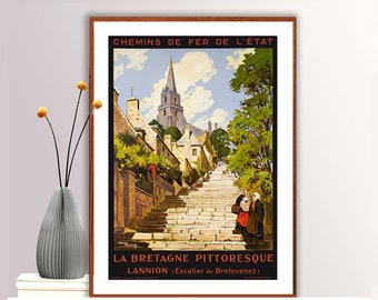 Affiche de voyage vintage La Bretagne Pittoresque - Papier d'affiche ou impression sur toile / Idée cadeau / Décoration d'intérieur