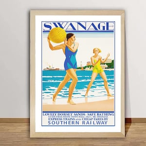 Swanage, Lovely Dorset Sands, Safe Bath, England Vintage Travel Poster - Vacation in Swanage, Swanege Beach