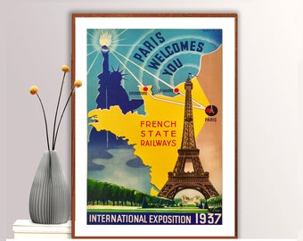 Póster de viaje a París: Impresión artística de los ferrocarriles franceses antiguos