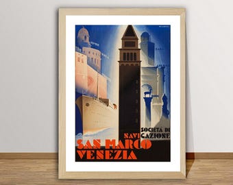 May include: A vintage travel poster advertising a cruise to Venice, Italy. The poster features a large ship sailing past the iconic San Marco Campanile, with the text "San Marco Venezia" and "Società di Navigazione" in red and black.