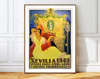 Sevilla Spain, 1940 Vintage Travel Poster: Semana Santa y Feria de Abril Art Print
