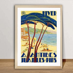 Antibes Juan Les Pins, France  Vintage Travel Poster - Antibes Travel Art Print / Gift Idea / Beach Scene Wall Decor