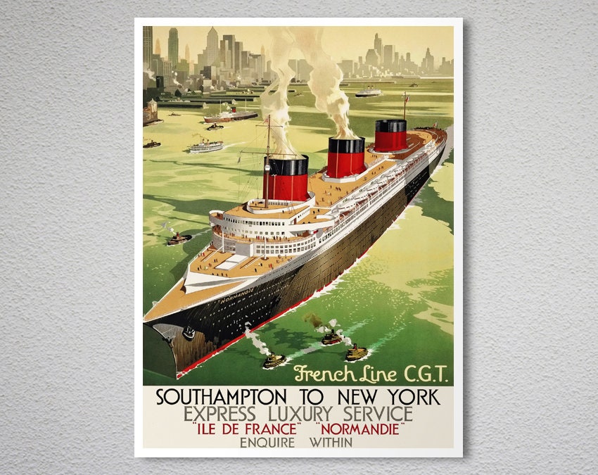 French Line Southampton to New York Normandie Travel Poster Etsy