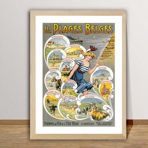 Les Plages Belles, Belgium Vintage Travel Poster - Varios Beaches in Belgium / Gift Idea / Wall Decor
