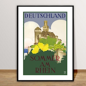 May include: A vintage travel poster advertising summer in Germany, featuring a picturesque castle with a green roof and yellow flowers in the foreground. The text reads "DEUTSCHLAND SOMMER AM RHEIN".