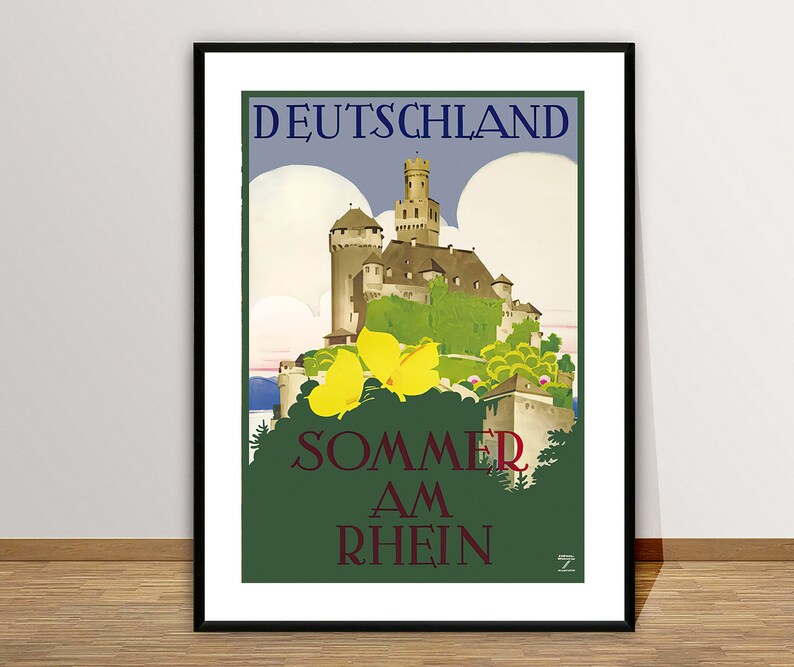 May include: A vintage travel poster advertising summer in Germany, featuring a picturesque castle with a green roof and yellow flowers in the foreground. The text reads "DEUTSCHLAND SOMMER AM RHEIN".
