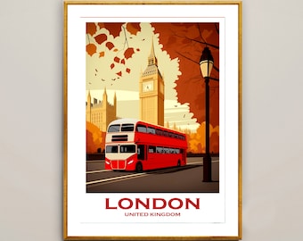 Vintage London Reiseplakat: England Doppeldeckerbus Kunstdruck