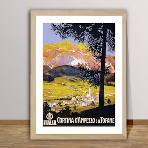 Póster de viaje vintage de Italia Cortina d&#39;Ampezzo e Le Tofane, Póster retro de Cortina, Idea de regalo, Decoración de pared