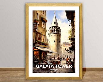 Galata Tower at Evening, Istanbul, Turkiye Travel Poster by Wed - Symbol of Istanbul Print, Architectural Poster / Gift Idea / Wall Decor