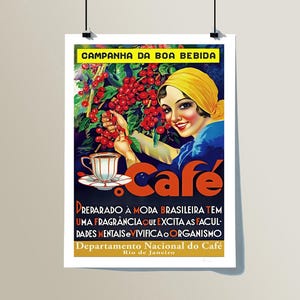 May include: Vintage coffee advertisement poster. It features a woman in a yellow headscarf holding coffee cherries. The word "cafe" is in large orange letters. Text at the bottom reads "Prepared in the Brazilian style".
