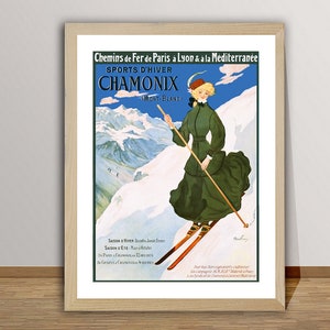 Chamonix Sports d'Hiver Mont Blanc, Francia Vintage Travel Poster - Cartel de esquí retro / Idea de regalo / Decoración de pared