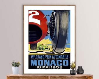 Monaco Grand Prix Automobile, 1958 Vintage Grand Prix Poster - Automobile Sport, Racing Poster, Affiche Deco