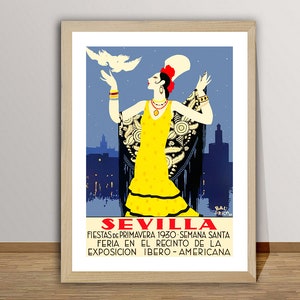 Sevilla Fiestas de Primavera, Semana Santa Feria Vintage Travel Poster - Travel Spain Poster,  Enjoy Flamenco in Seville, Retro Art Print