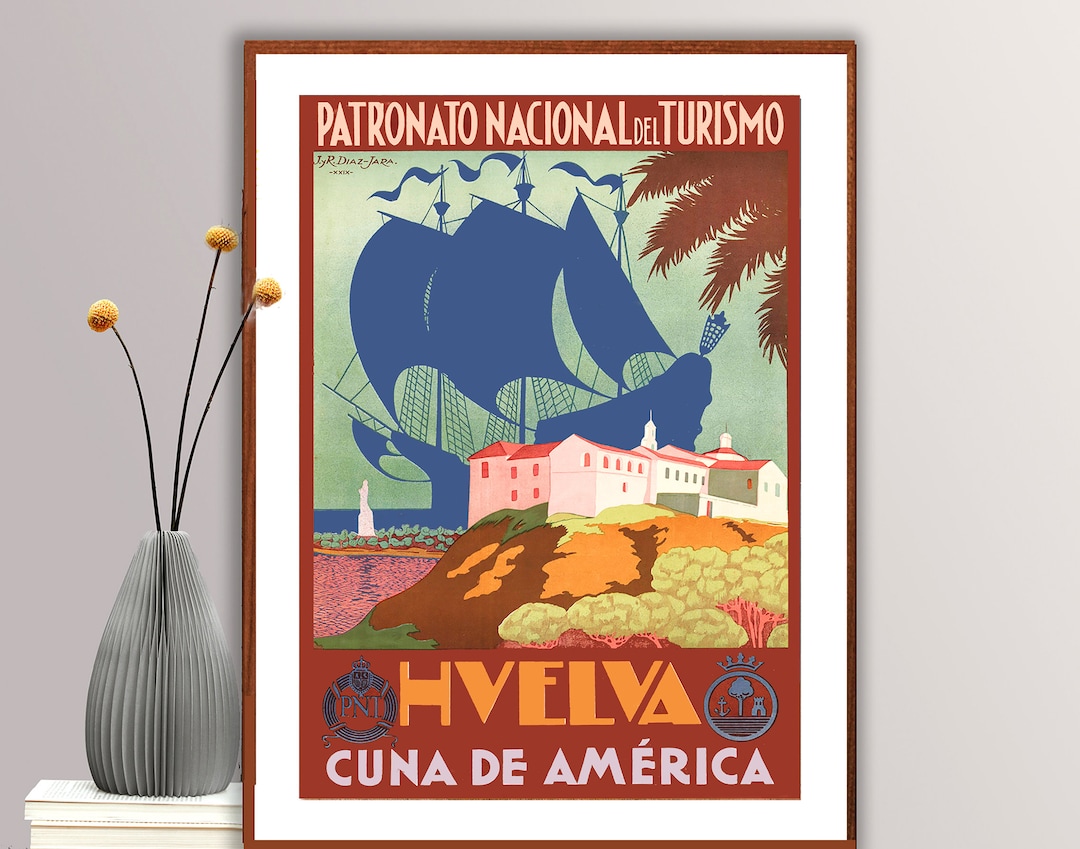 Cartel de viaje vintage de Huelva España: Cuna de América, arte de