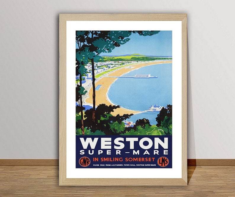 Weston Super Mare in Smiling Somerset, England Vintage Travel Poster Poster Paper or Canvas Print / Gift Idea / Wall Decor image 1