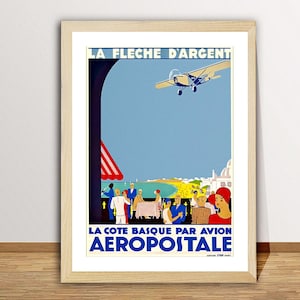 La Cote Basque Par Avion Aeropostale, France Vintage Travel Poster - Poster Paper or Canvas Print / Gift Idea