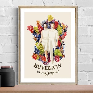 Vintage Buvez du Vin et Vivez Joyeux Advertisement Art Print - Reproduction of a Vintage Artwork, Decorative Purposes Wall Decor