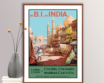 By B.I to India Vintage Travel Poster - Poster Paper or Canvas Print / Gift Idea / Wall Decor