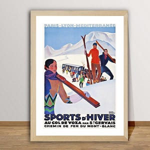 Sports d'Hiver Au Col de Voza par St. Gervais, Chemin de Fer du Mont Blanc França Poster de viagens vintage - Esquiar na França / Ideia de presente