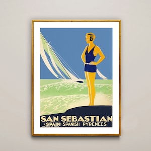 San Sebastián, Pirineos españoles Vintage Travel Poster - Papel de póster o impresión de lienzo / Idea de regalo / Decoración de pared
