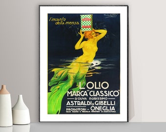Impresión artística publicitaria vintage de la Marca Classico d'Oliva Purissima: reproducción de una obra de arte gastronómica vintage, decoración de pared con fines decorativos.